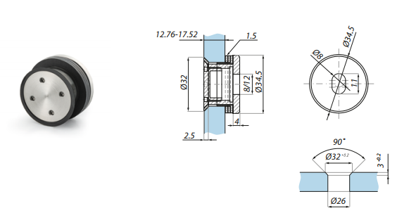 Punktveida stiprinājums 12.76-17.52 mm stiklam
