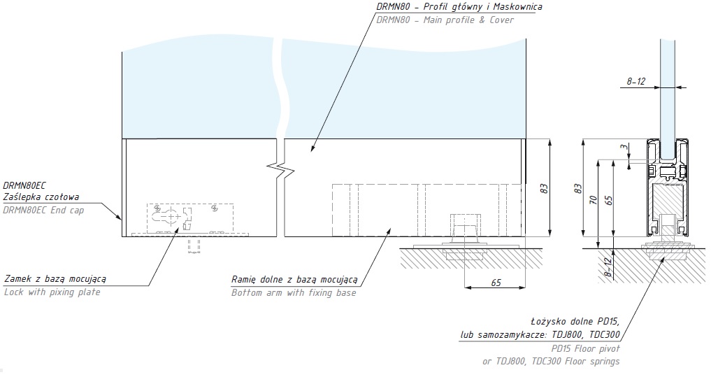 Durvju vērtnes 80mm apakšējā profila komplekts ar slēdzeni