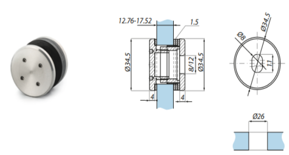 Punktveida stiprinājums 12.76-17.52 mm stiklam