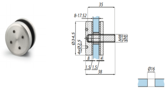 Punktveida stiprinājums 8-12.76 mm stiklam