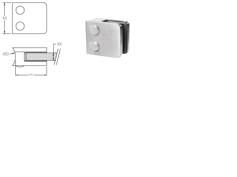 Stikla stiprinājums 45x45 mm pie stabiņa