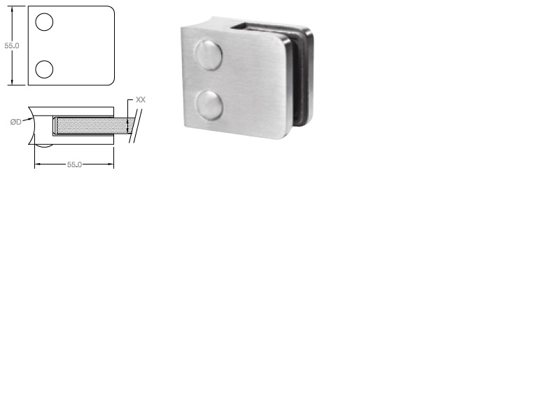 Stikla stiprinājums 55x55 mm pie stabiņa