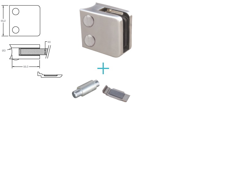 Stikla stiprinājums ar plauktiņu 55x55 mm pie stabiņa