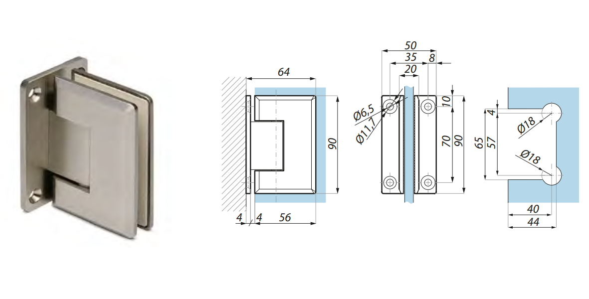 Dušas eņģe  stikls-siena 90°