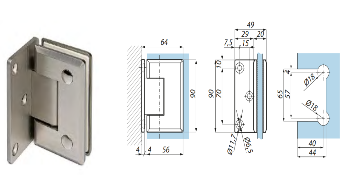 Dušas eņģe  stikls-siena 90° ar sānu fiksāciju