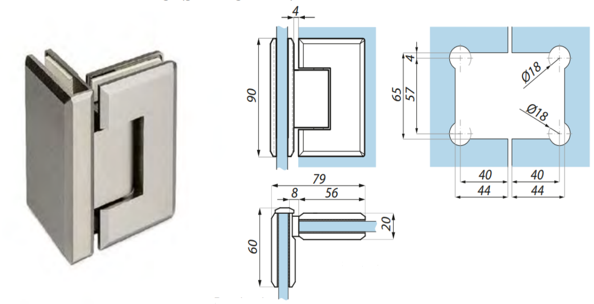 Dušas eņģe  stikls-stikls 90°
