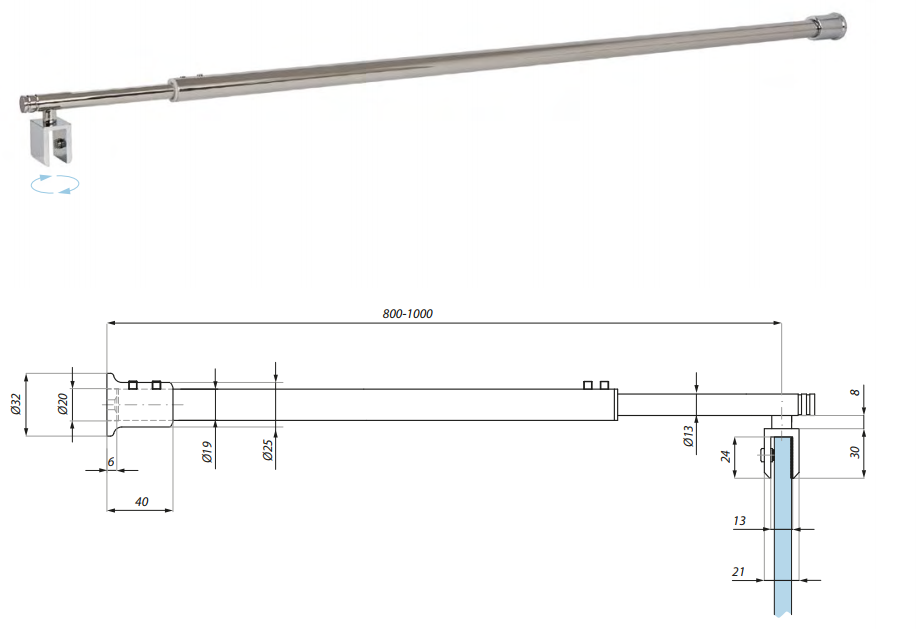 Dušas stangas komplekts stikls-siena 800-1000mm