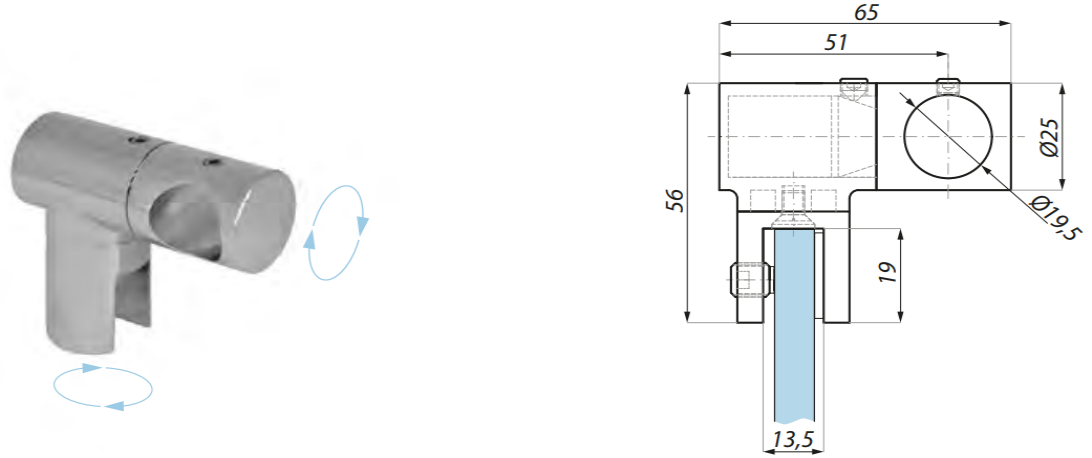 Dušas stangas savienojums stikls-stanga