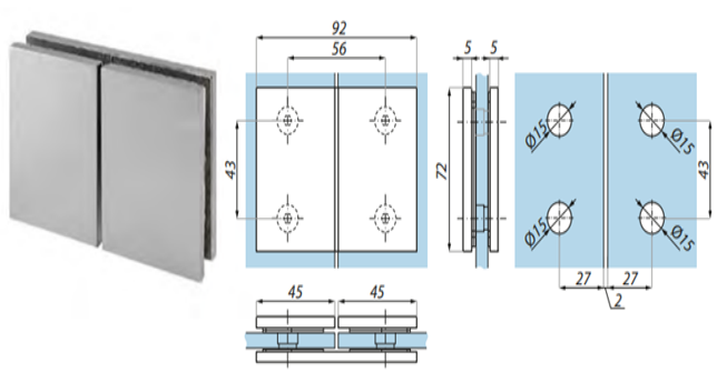 Stiprinājums stikls-stikls 180°