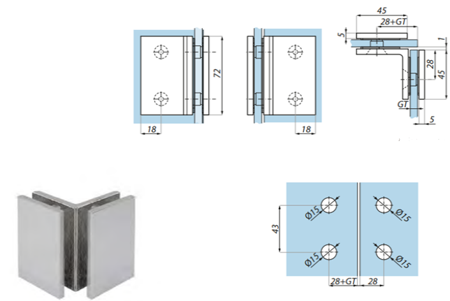 Stiprinājums stikls-stikls 90°