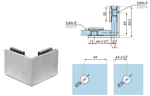 Stiprinājums stikls-stikls 90°