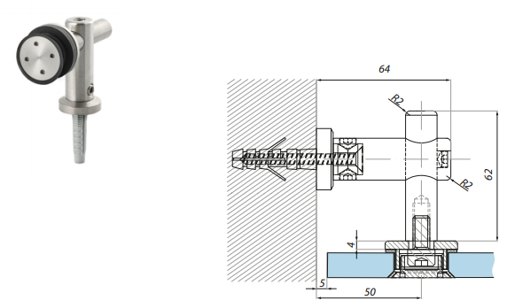 Punktveida stiprinājums stikls-siena 8-12 mm stiklam