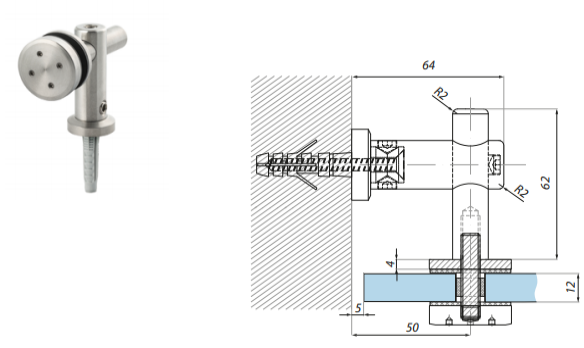 Punktveida stiprinājums stikls-siena 8-12.76 mm stiklam