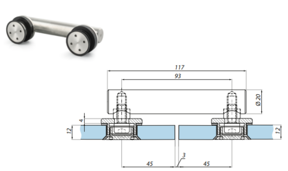 Punktveida stiprinājums stikls-stikls 12.76-17.52 mm stiklam