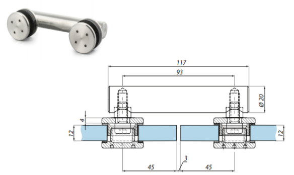 Punktveida stiprinājums stikls-stikls 12.76-17.52 mm stiklam