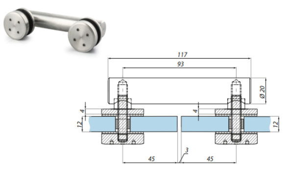 Punktveida stiprinājums stikls-stikls 8-12.76 mm stiklam