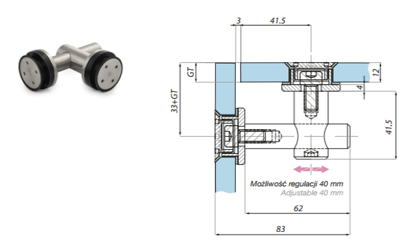 Punktveida stiprinājums stikls-stikls 90°  8-12 mm stiklam