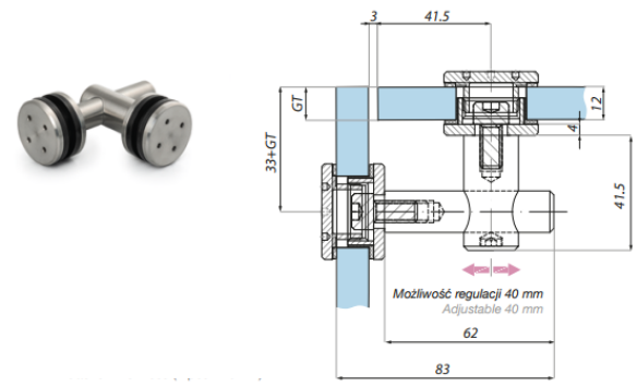 Punktveida stiprinājums stikls-stikls 90° 12.76-17.52 mm stiklam