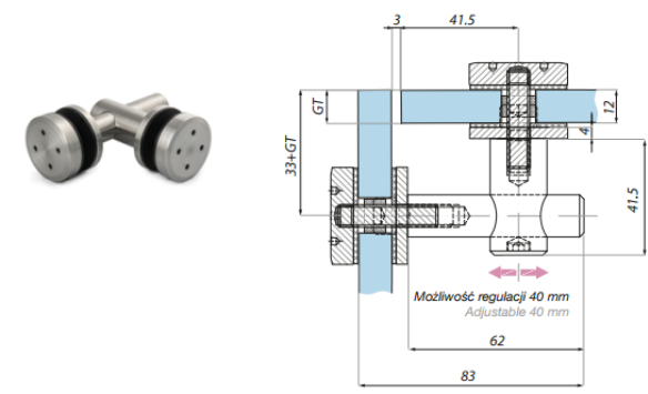 Punktveida stiprinājums stikls-stikls 90°  8-12.76 mm stiklam