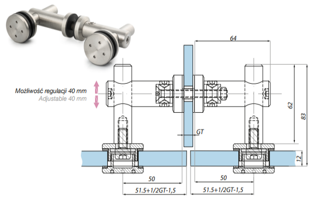 Dubults punktveida stiprinājums ar perpendikulāru paneli stikls-stikls  12.76-17.52 mm stiklam