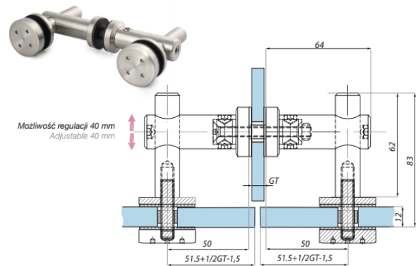 Dubults punktveida stiprinājums ar perpendikulāru paneli stikls-stikls  8-12.76 mm stiklam
