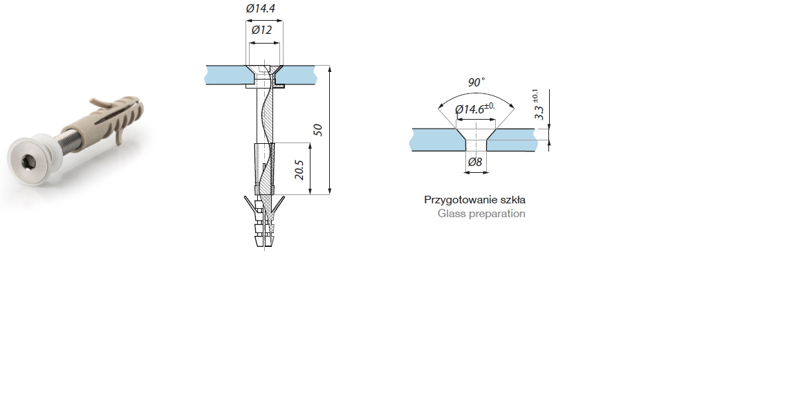 Punktveida stiprinājums koniskam urbumam ar skrūvi M6