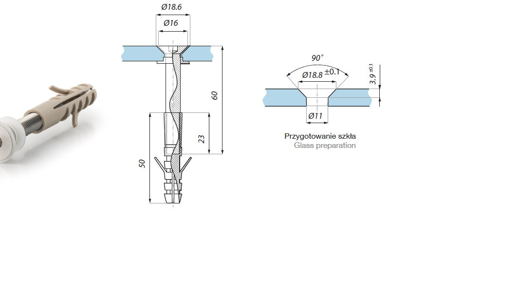 Punktveida stiprinājums koniskam urbumam ar skrūvi M8
