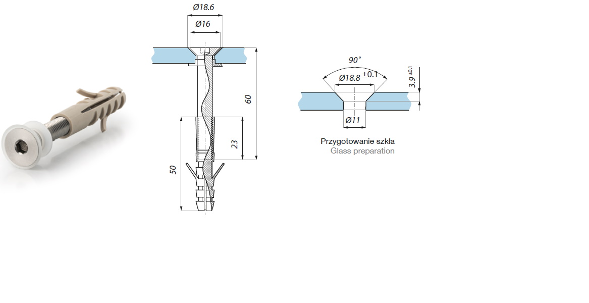 Punktveida stiprinājums koniskam urbumam ar skrūvi M8