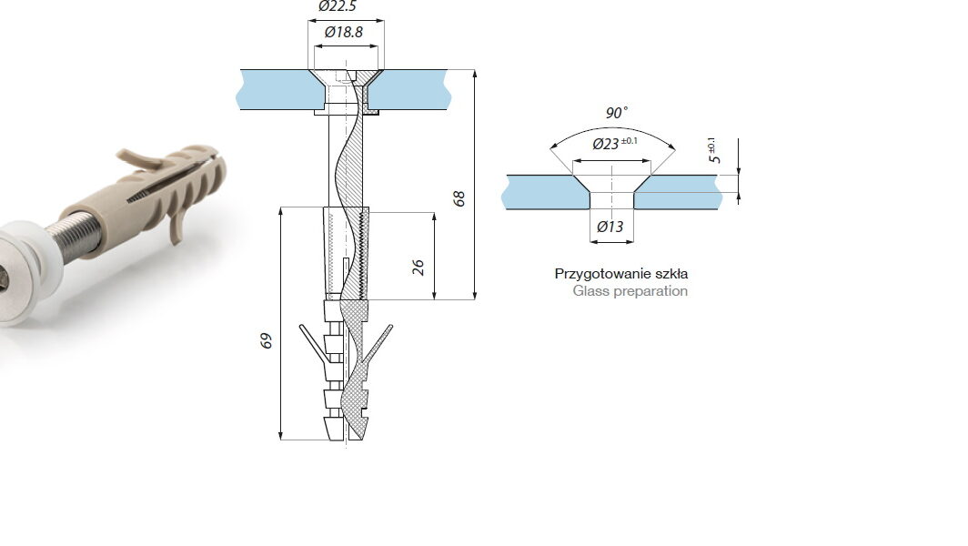 Punktveida stiprinājums koniskam urbumam ar skrūvi M10