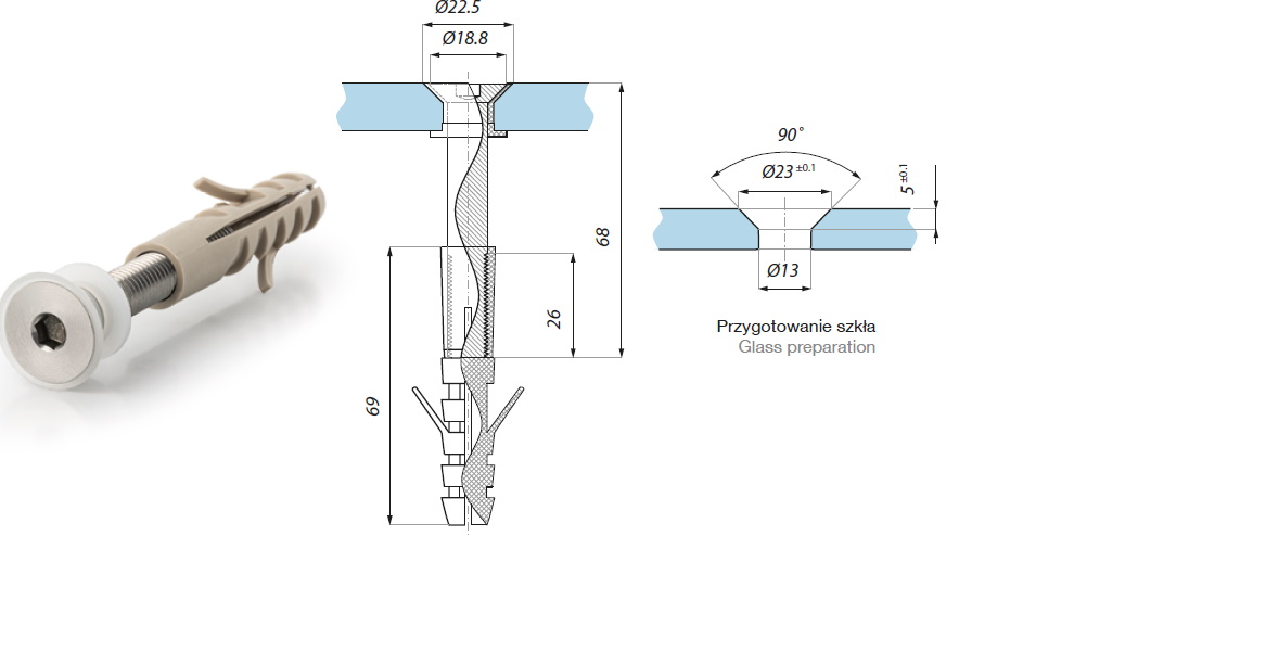 Punktveida stiprinājums koniskam urbumam ar skrūvi M10