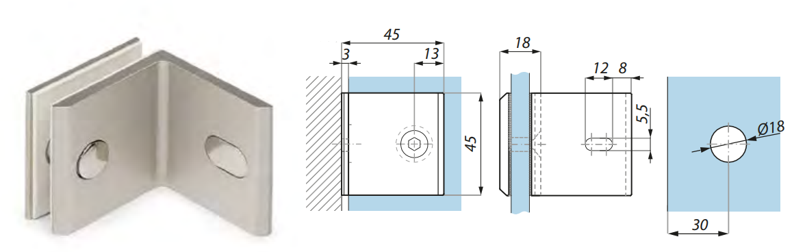 Stiprinājums stikls-siena 90°