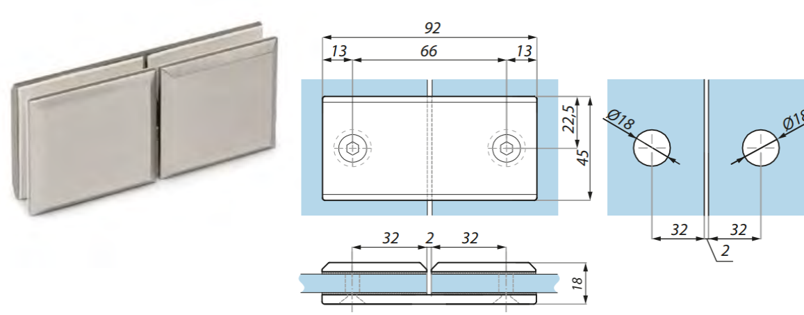 Stiprinājums stikls-stikls 180°