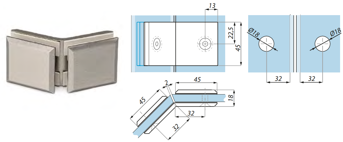 Stiprinājums stikls-stikls 135°