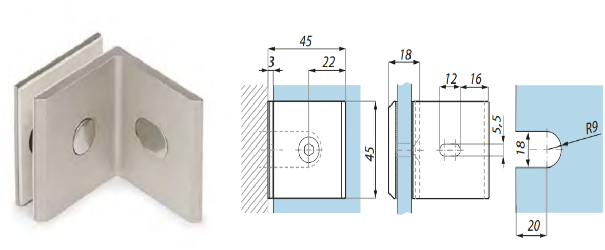 Stiprinājums stikls-siena 90°