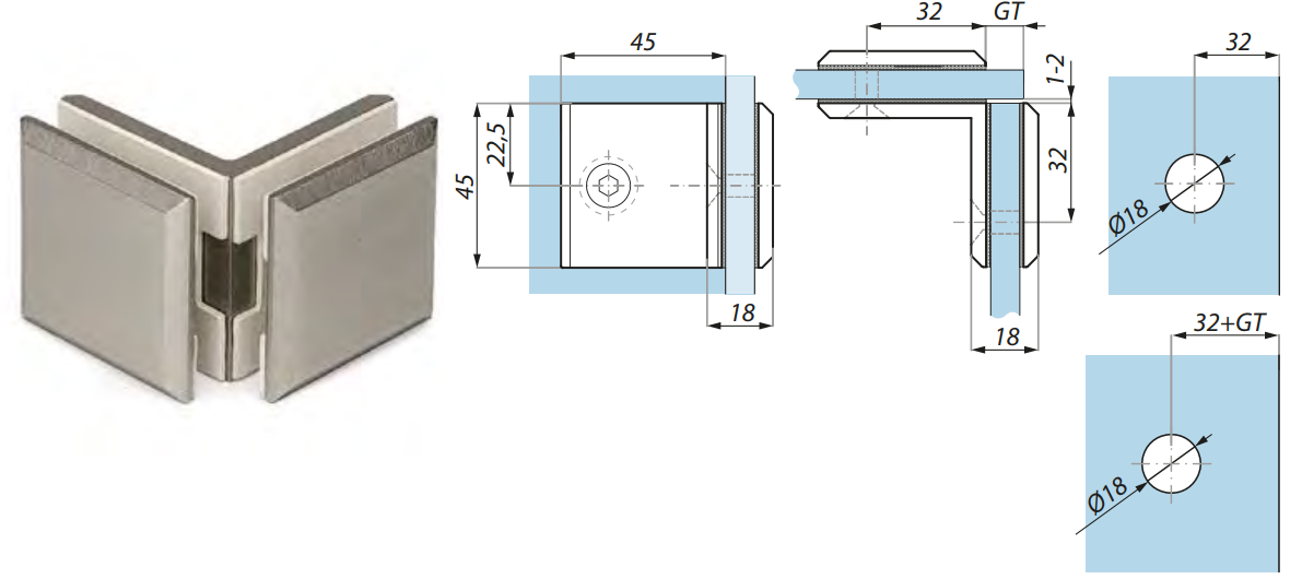 Stiprinājums stikls-stikls 90°