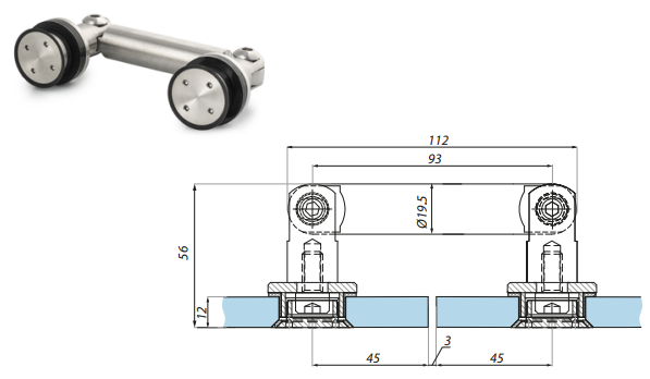 Punktveida stiprinājums stikls-stikls 180° 8-12 mm stiklam