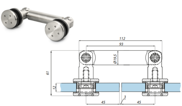 Punktveida stiprinājums stikls-stikls 180°  12.76-17.52 mm stiklam