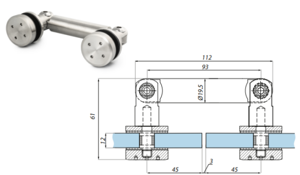 Punktveida stiprinājums stikls-stikls 180° 8-12.76 mm stiklam