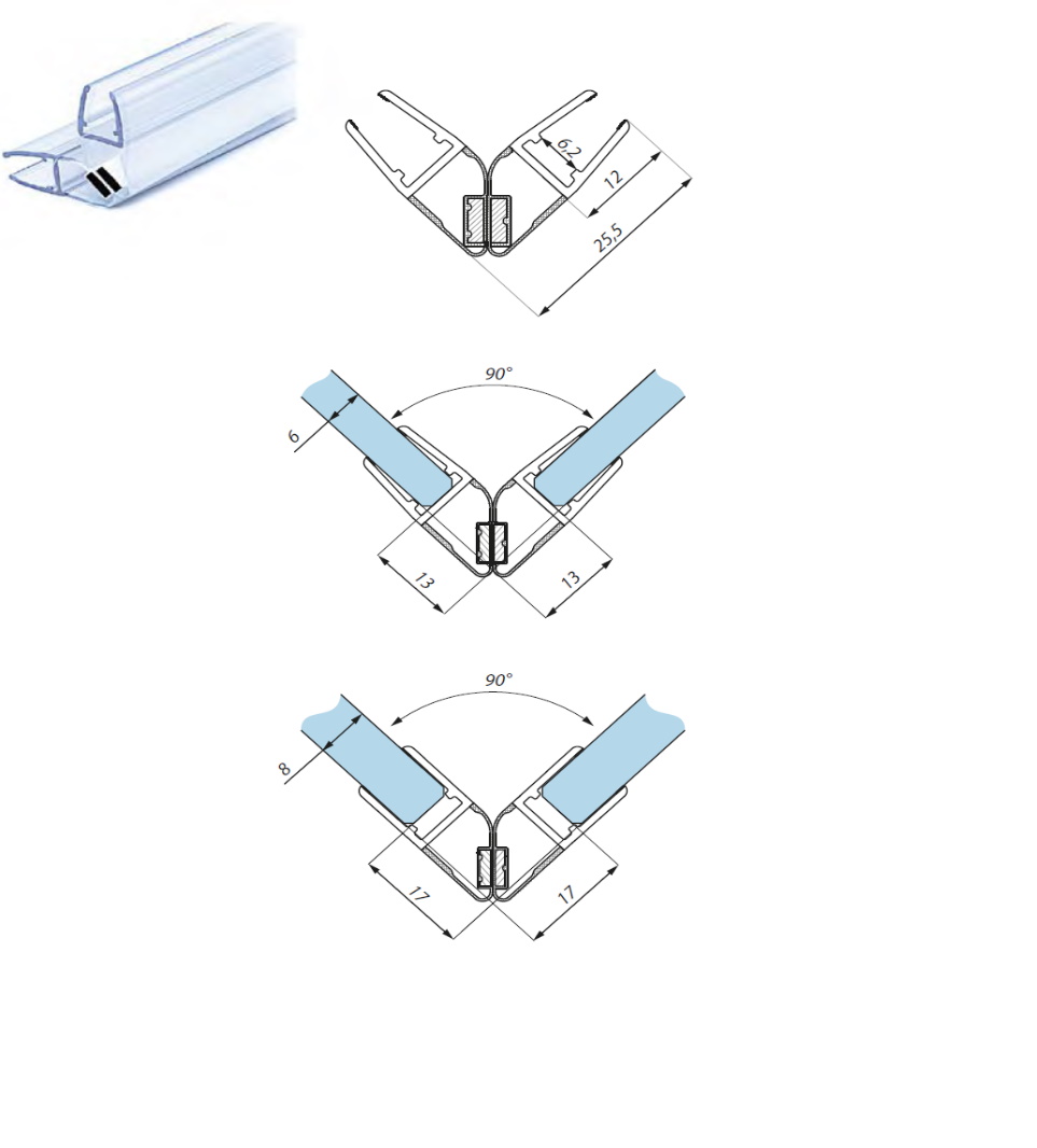 Magnētiskais blīvprofils 90/180° 6-8mm stiklam 2.5m