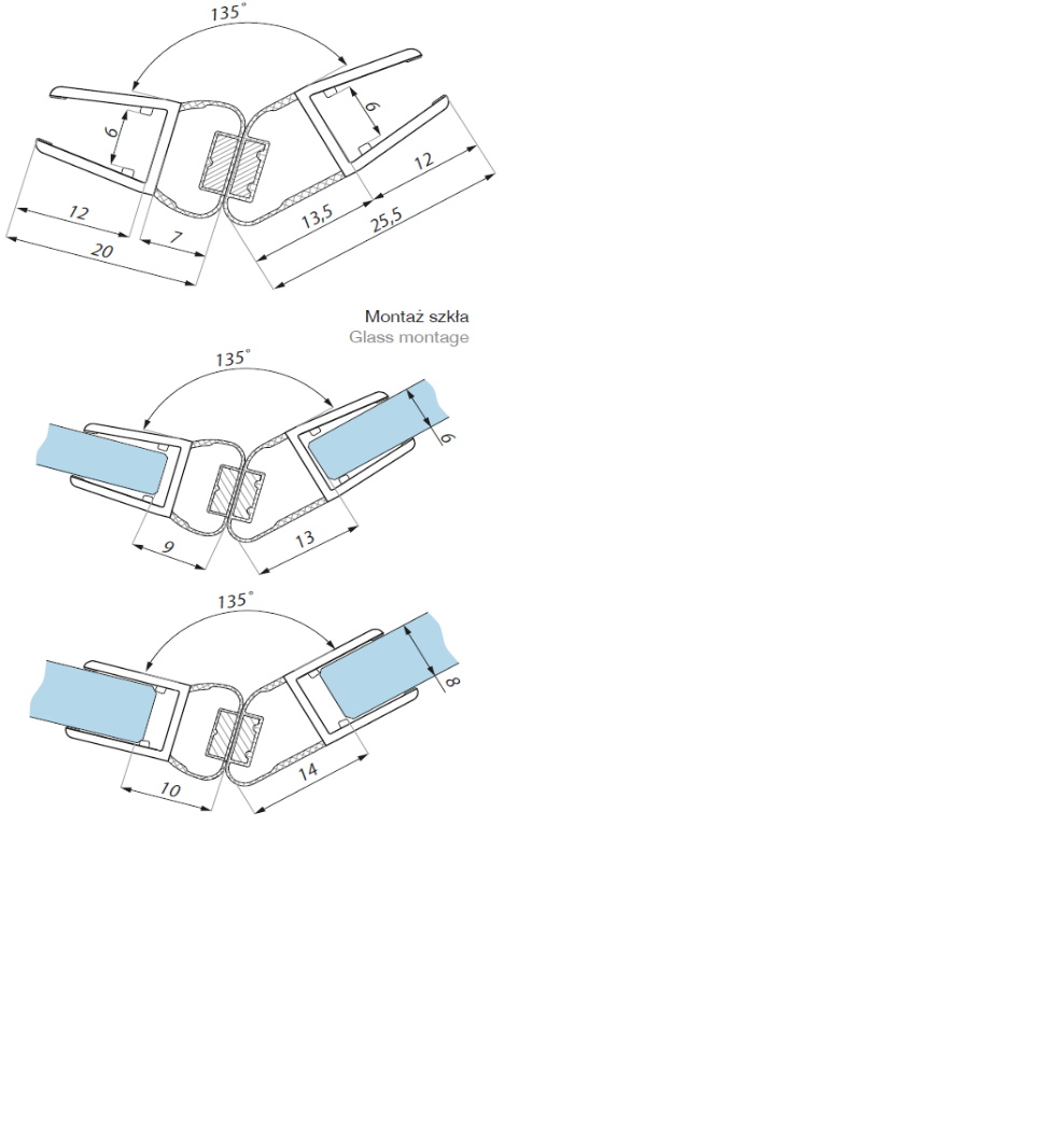 Magnētiskais blīvprofils 135° 6-8mm stiklam 2.2m