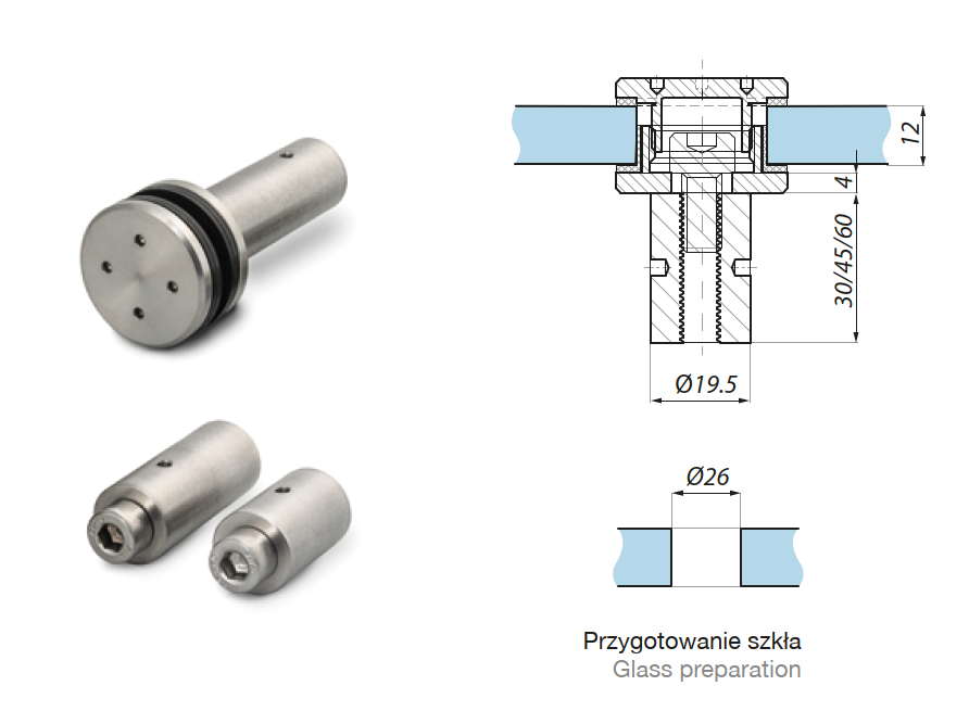 Punktveida stiprinājums ar 30mm distanceri 8-12mm stiklam