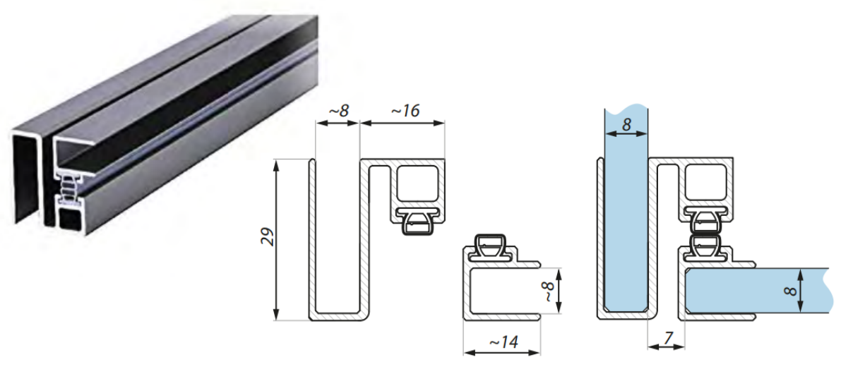 Magnētiskie profili stikls-stikls 8mm stiklam 2.3m