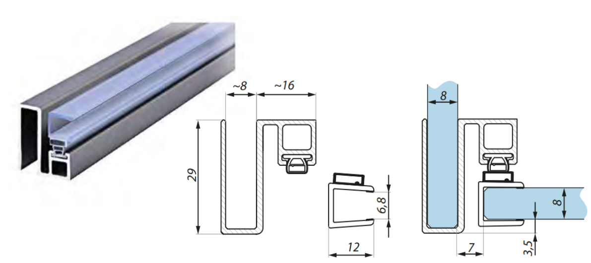 Magnētiskie profili stikls-stikls 8mm stiklam 2.3m