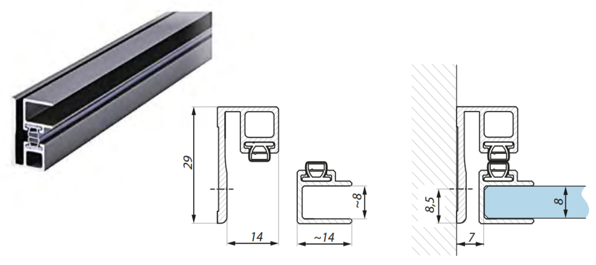 Magnētiskie profili stikls-siena 8mm stiklam 2.3m