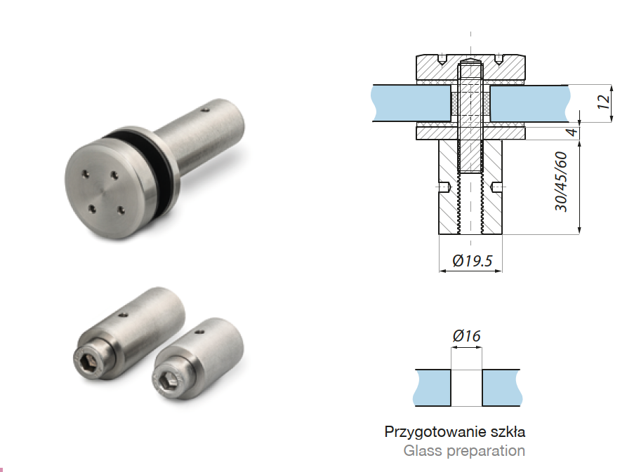 Punktveida stiprinājums ar 60mm distanceri 8-12.76mm stiklam