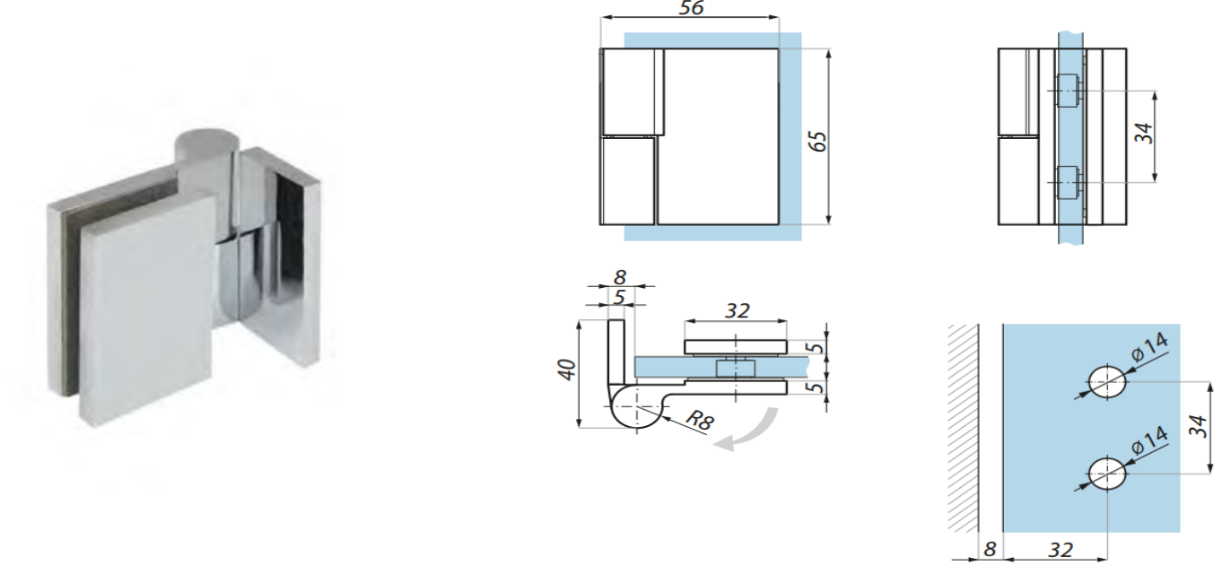 Dušas eņģe stikls-siena 90°