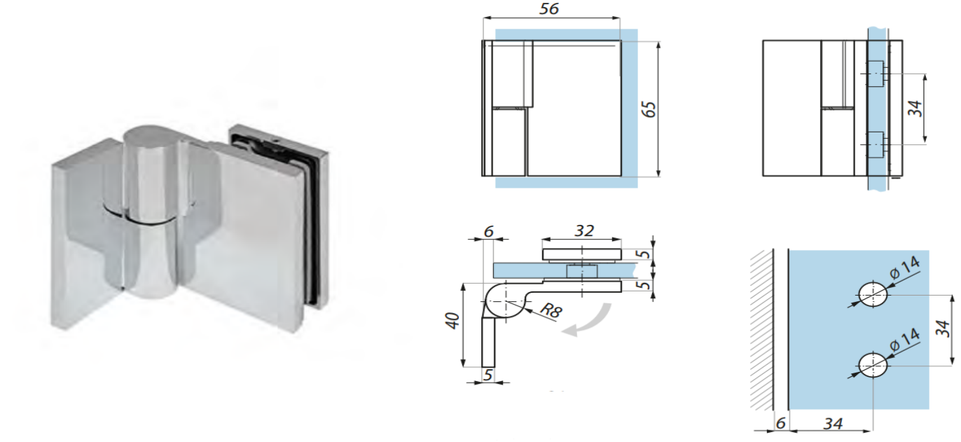Dušas eņģe  stikls-siena 90°