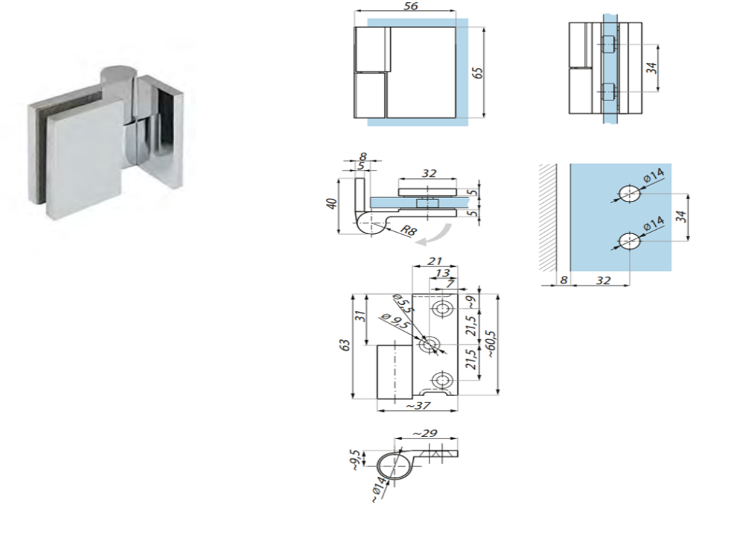 Dušas eņģe paceļama stikls-siena 90°