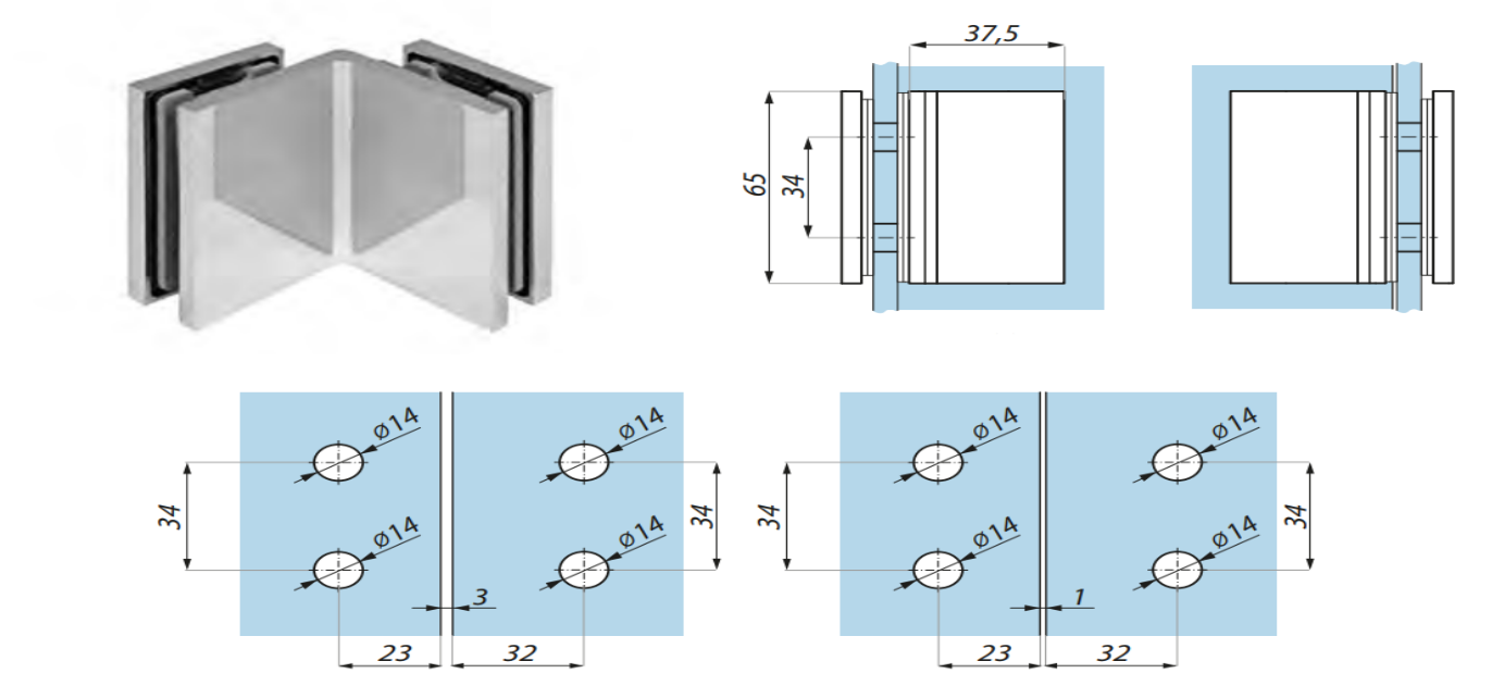 Stiprinājums stikls-stikls 90°