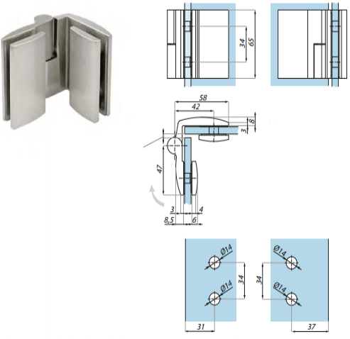 Dušas eņģe paceļama 90°  stikls-stikls